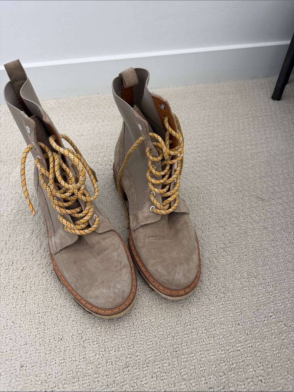 rag & bone Taupe Suede Lace-Up Boots with Yellow Rope Laces